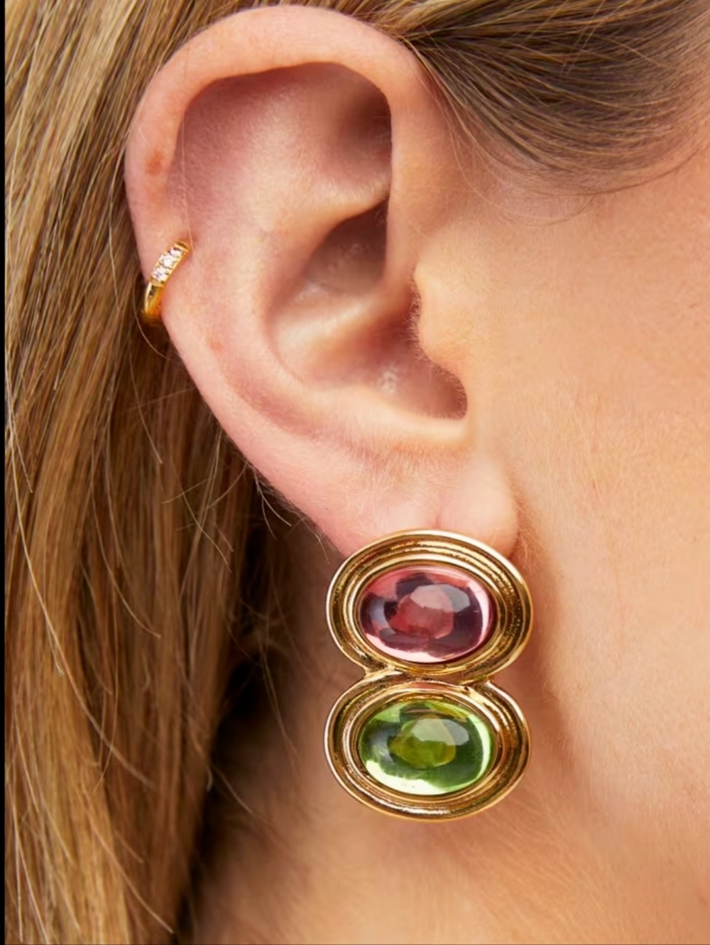 FRASIER STERLING Goldtone Earrings With Violet And Yellow Oval Glass Pendant New